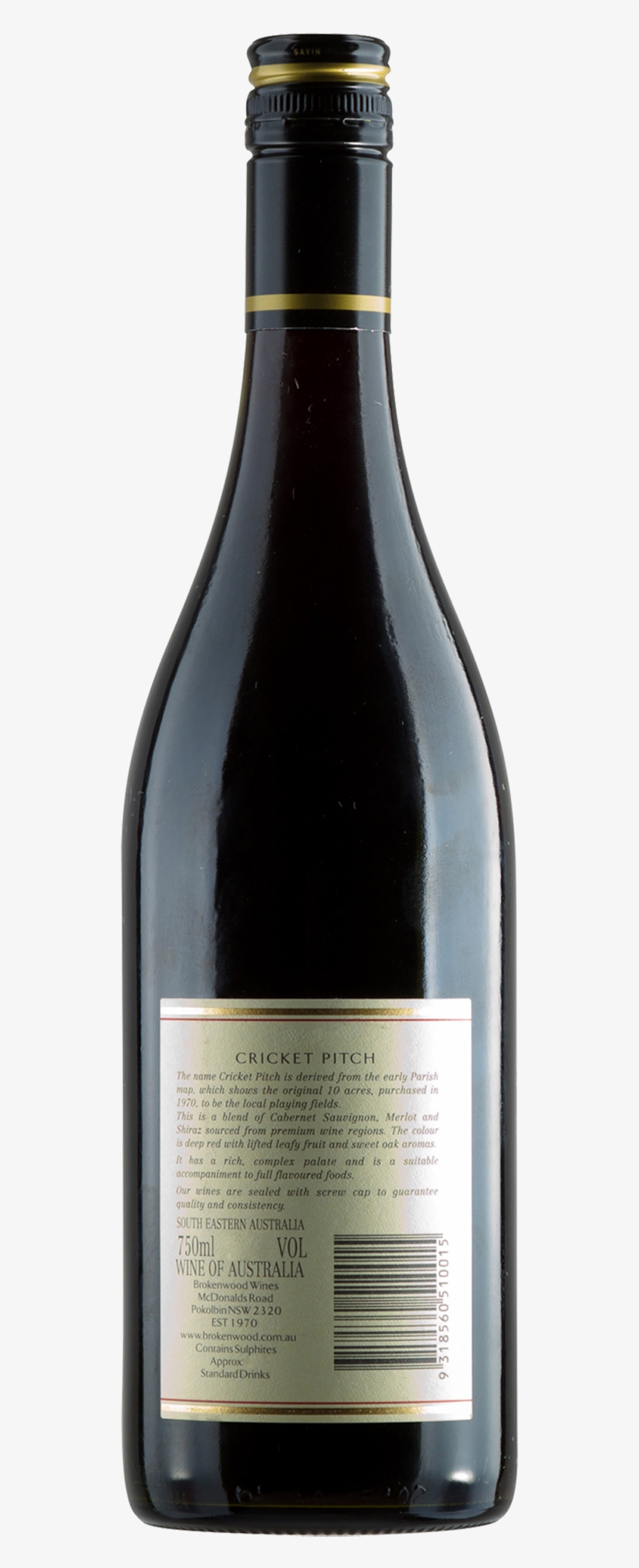 Brokenwood Cricket Pitch Cabernet Merlot Shiraz Bottle - Glass Bottle, transparent png download