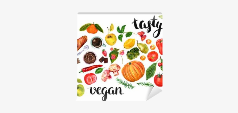 Set Of Watercolor Foods With Handwritten Words 'tasty', - Veganism, transparent png download