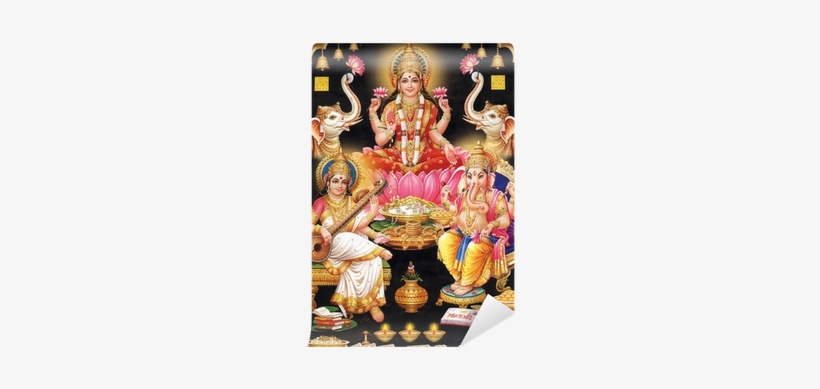 Indian Godess Maa Lakshmi With Maa Saraswati And Ganesh - Indian Goddess Maa Laxmi With Lord Ganesha Poster Painting, transparent png download
