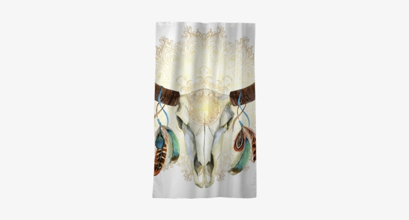 Watercolor Cow Skull With Feathers Blackout Window - Steer Skull With Feathers, transparent png download