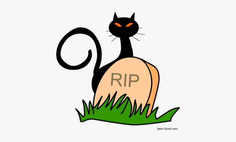 Black Cat And Tomb Stone Free Clipart Image - Black And White Halloween Clip Art, transparent png download