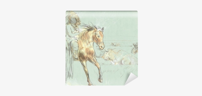 Indian Chief Riding A Horse, Watching Buffalo Herd - Horse, transparent png download