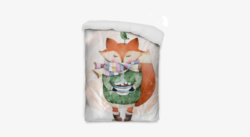 Cute Little Fox Just Like To Drink Hot Coffee - Winston Porter Belby Cute Fox And Bird Shower Curtain, transparent png download