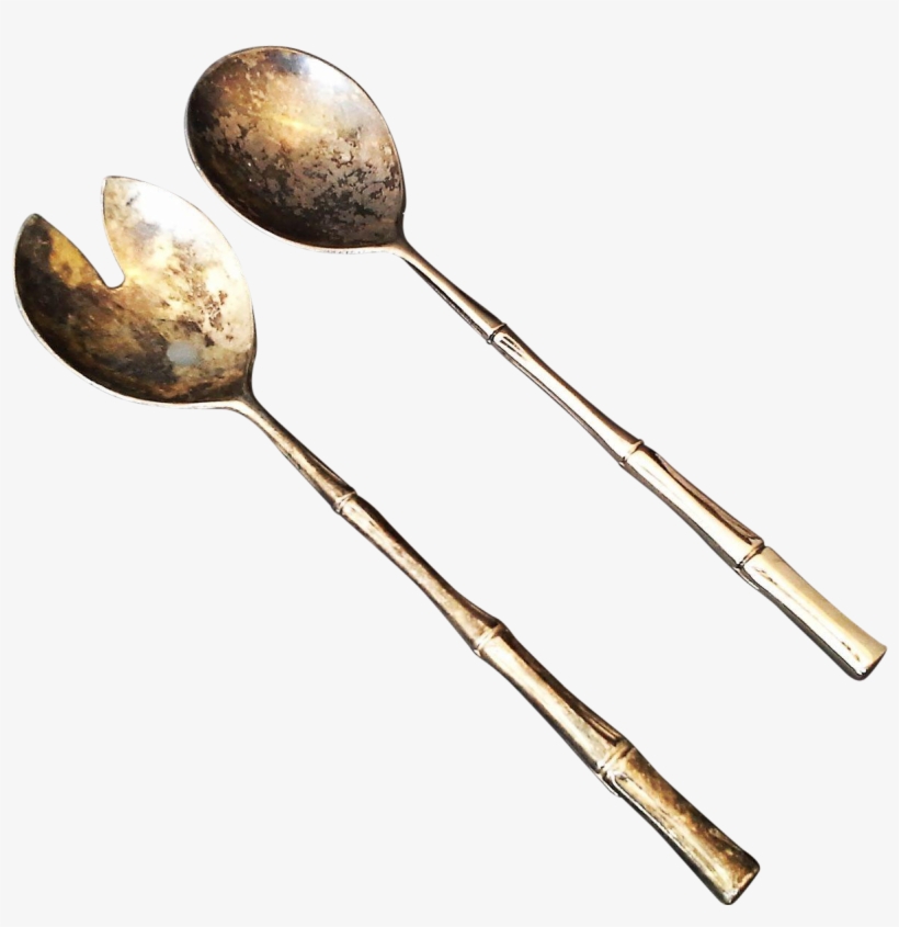 Silverplate Salad Servers Fork Spook Bamboo Handles - Bamboo Silver Plated Serving Spoon And Fork, transparent png download