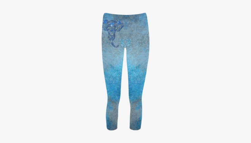 A Blue Watercolor Elephant Portrait In Denim Look Capri - Leggings, transparent png download