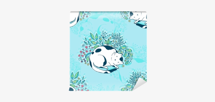 Cute Cat Sleeping In The Grass And Flowers - Illustration, transparent png download