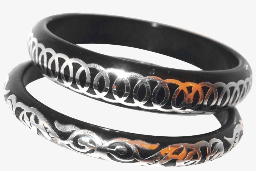 Visit Our End Of Year Blowout Sale - Vintage Black Plastic Bangles With Silver Overlay Set, transparent png download