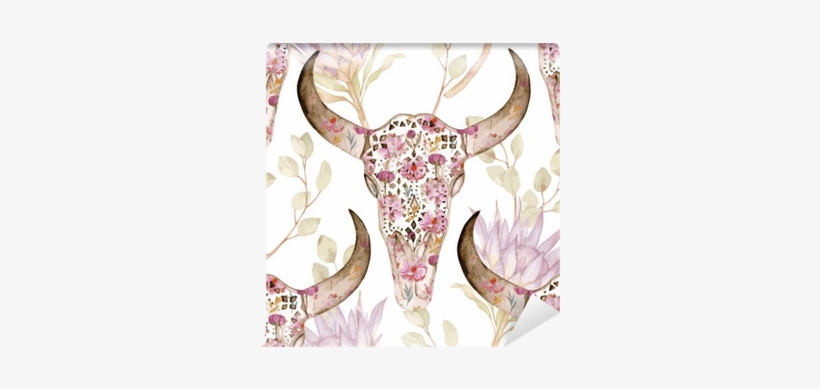 Watercolor Seamless Pattern With Skull In Flowers, - Watercolor Painting, transparent png download