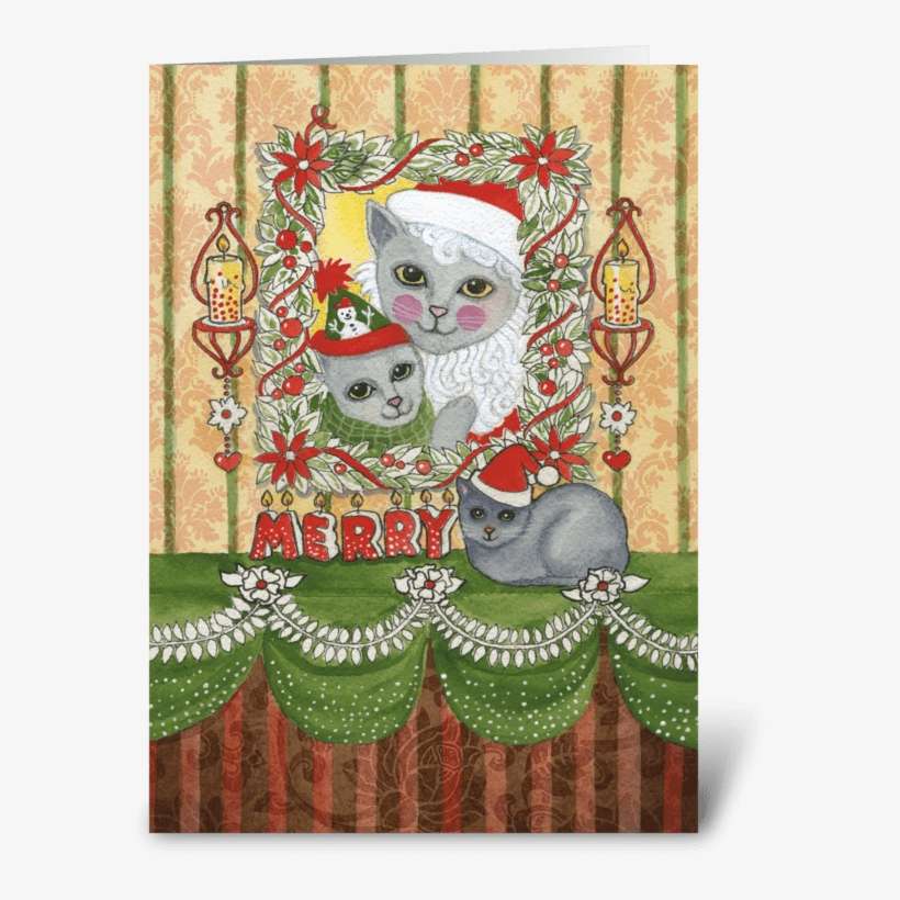 Vintage Merry Christmas Santa Cat Greeting Card - Vintage Weihnachtssankt-katze Mit Kätzchen Karte, transparent png download
