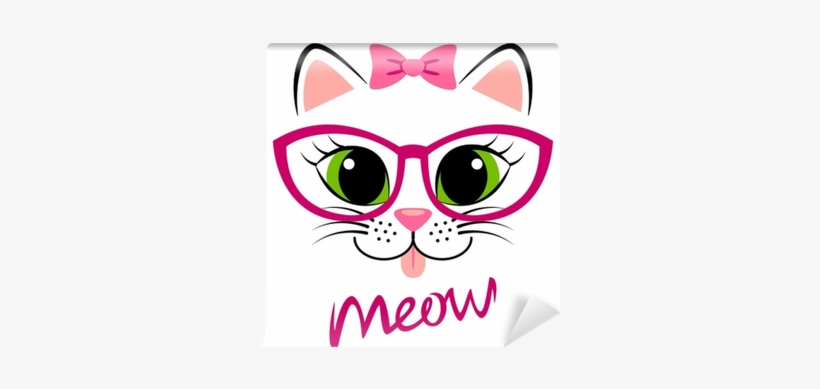 Cute White Kitten With Pink Bow And Glasses - Estampado De Gatitos Niña, transparent png download