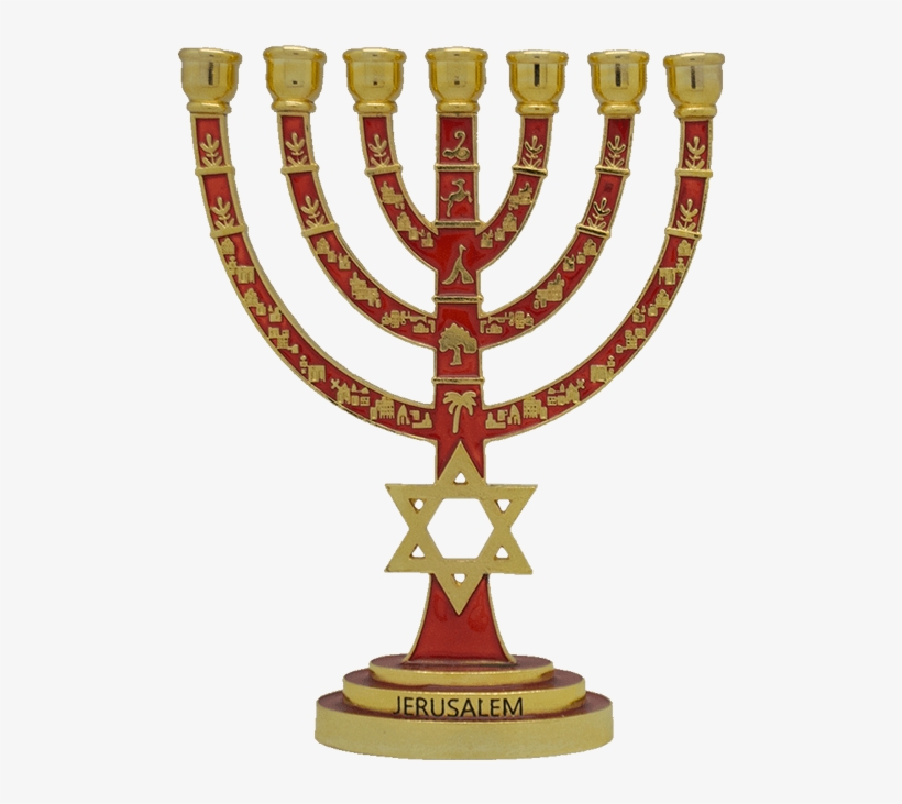 Rounded Brass Menorah Decorated With Red Enamel Symbols - Menorah, transparent png download