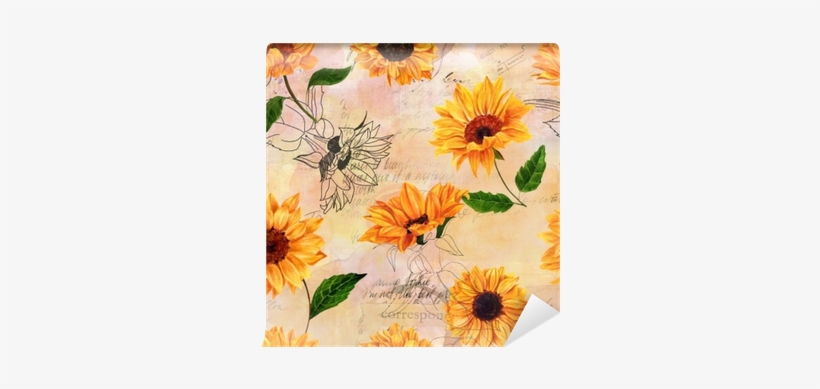 Seamless Pattern With Watercolor Sunflowers On Old - Watercolor Painting, transparent png download
