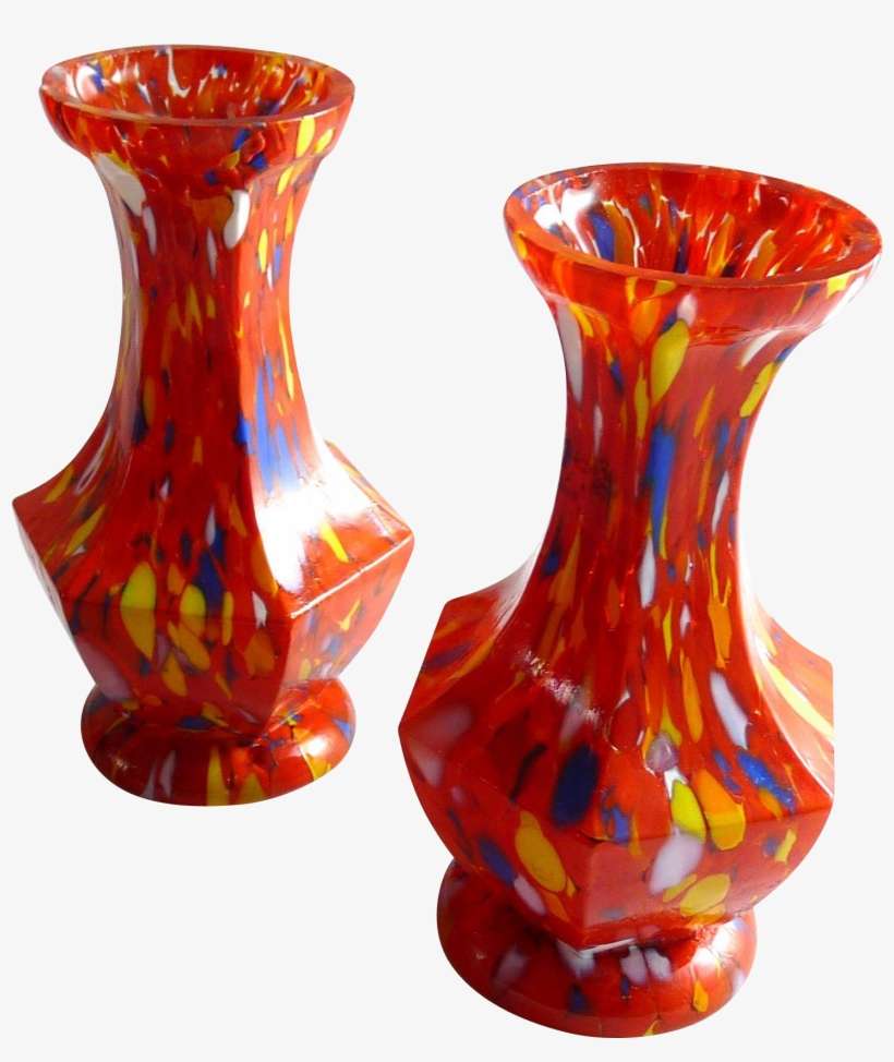 Vintage Pair Of Czech Spatter Glass Cabinet Vases Art - Art, transparent png download