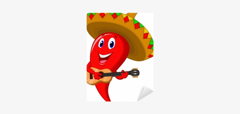 Chili Pepper Mariachi Wearing Sombrero Playing A Guitar - Happy Pepper, transparent png download