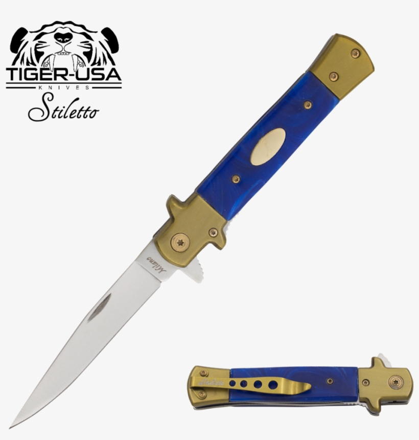 9" Tiger Blue Swirl Italian Milano Stiletto Tactical - Switchblade, transparent png download