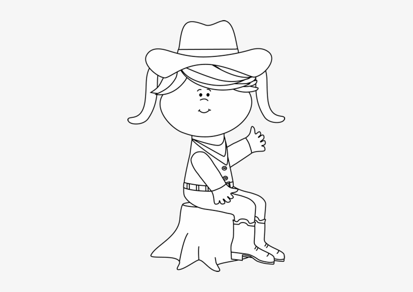 Black And White Cowgirl Sitting On A Tree Stump - Clip Art, transparent png download