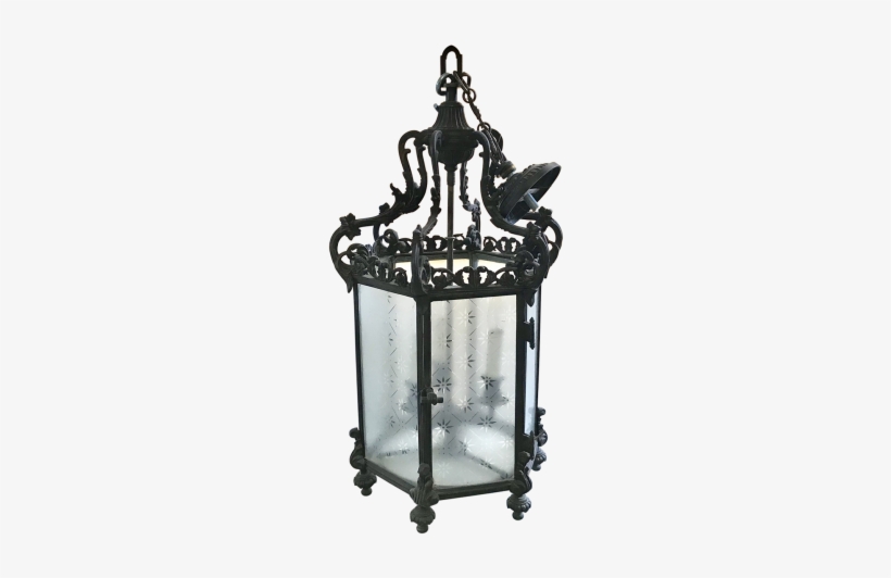 Wrought Iron And Frosted Glass Hanging Lantern - Antique, transparent png download