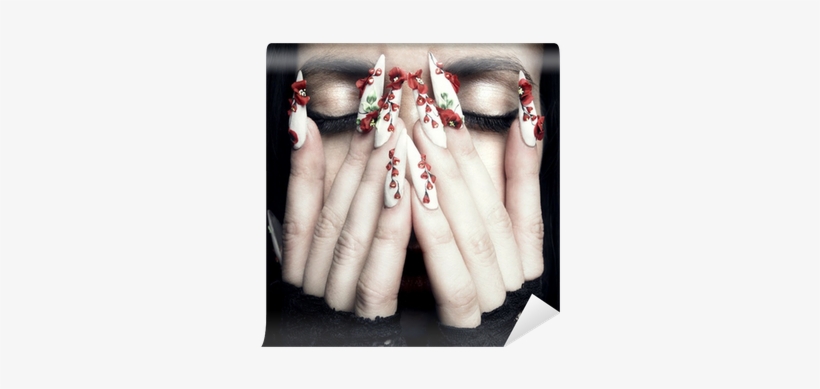 Beautiful Woman With Long Designer Nails Wall Mural - White Nails Red Roses, transparent png download