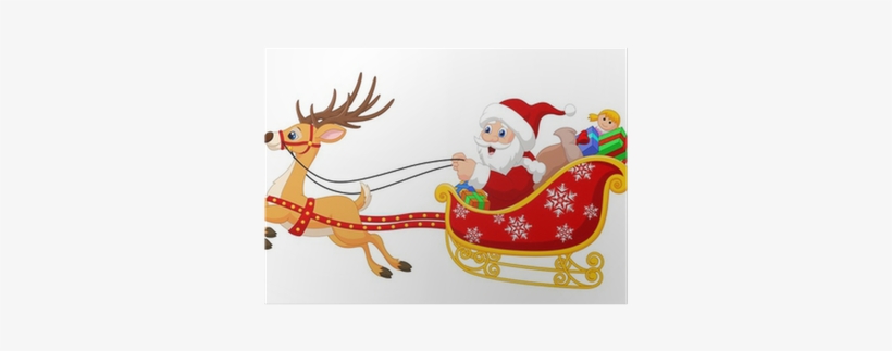 Santa In His Christmas Sled Being Pulled By Reindeer - Sleigh Christmas Clipart, transparent png download