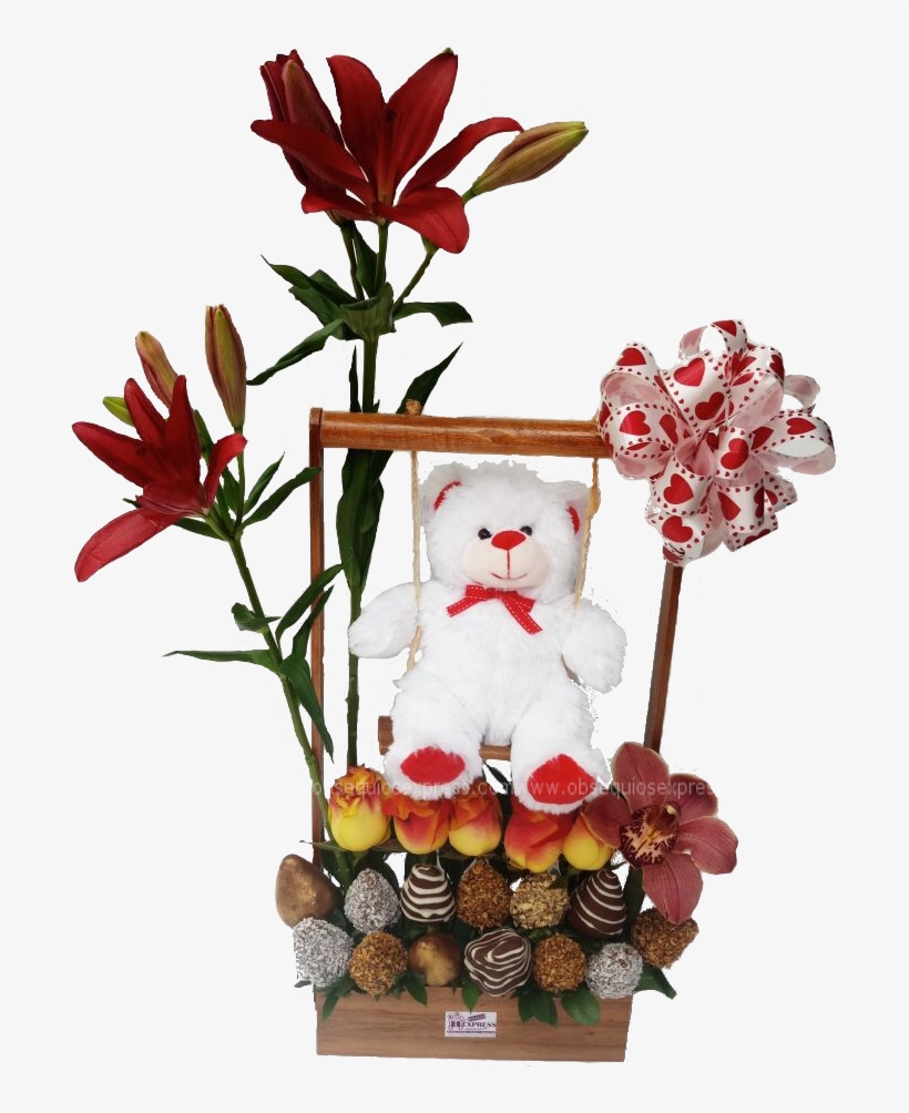 Lirios, Peluche, Rosas, Fresas Achocolatadas, Orquídea - Detalles Peluches Con Flores Png, transparent png download