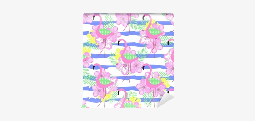 Tropical Seamless Pattern With Pink Flamingo, Flowers - Leaf, transparent png download