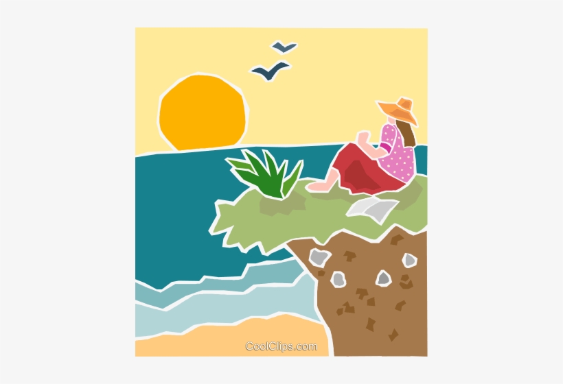 Girl Watching Sunset On A Cliff Royalty Free Vector - Illustration, transparent png download