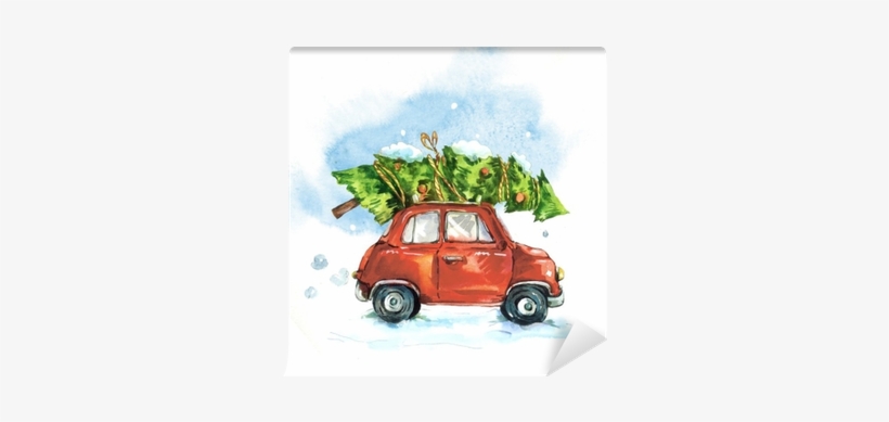 Watercolor Greeting Card With Red Retro Car Wall Mural - Christmas Pillow Cover Collection, transparent png download