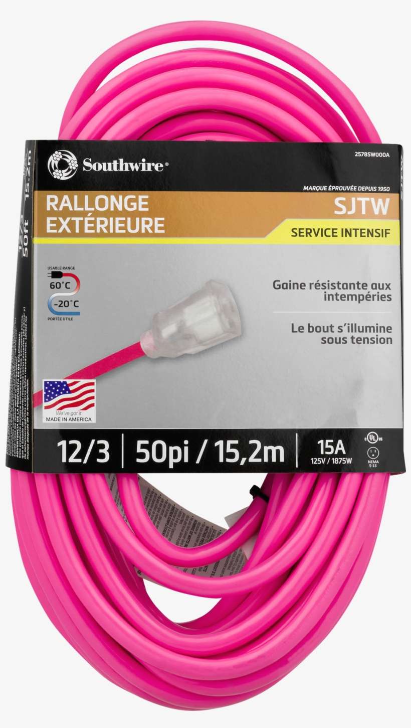 Coleman Cable 25-Foot 12/3 Outdoor Extension Cord - Fluorescent Pink, Made In USA