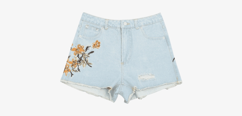 Trendy Destroyed Cutoffs Floral Embroidered Denim Shorts - Shorts, transparent png download