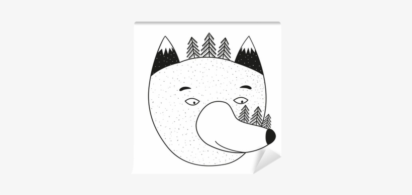 Vector Illustration With Cartoon Wolf Head, Pine Trees - Illustration, transparent png download