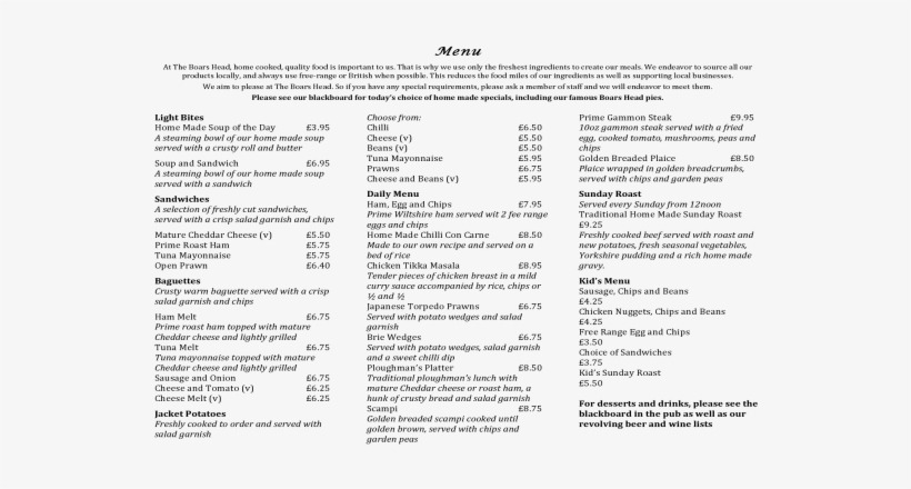 The Boars Head Menu - Longfei Road, transparent png download