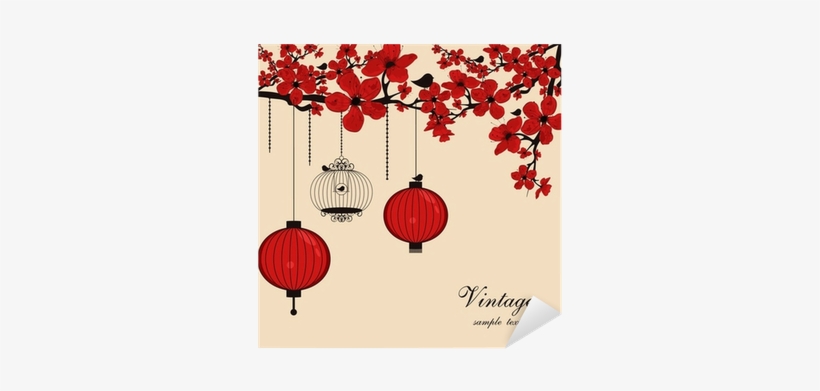 Floral Background With Chinese Lanterns And Birdcage - Chinese 80th Birthday Invitations, transparent png download