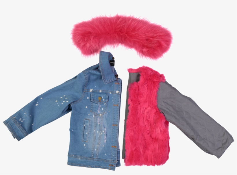 Girl's Distressed Denim And Fur Jacket - Fur Clothing, transparent png download