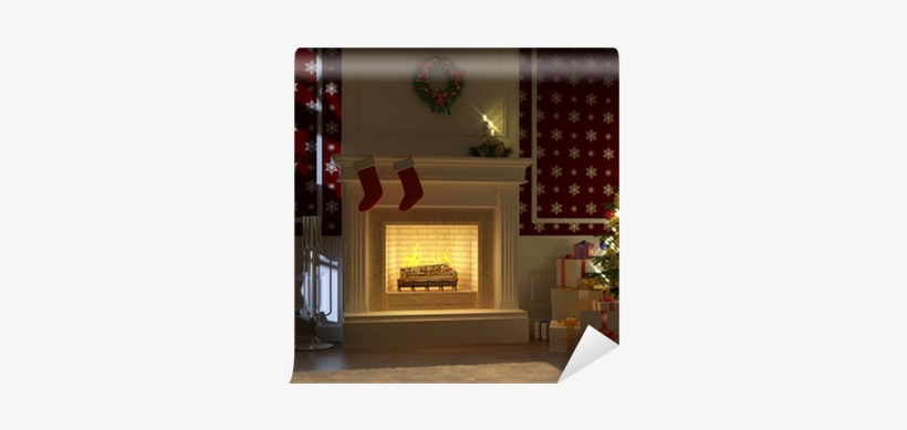 Cozy Fireplace Decorated For Christmas With Santa Silhouette - Fireplace, transparent png download