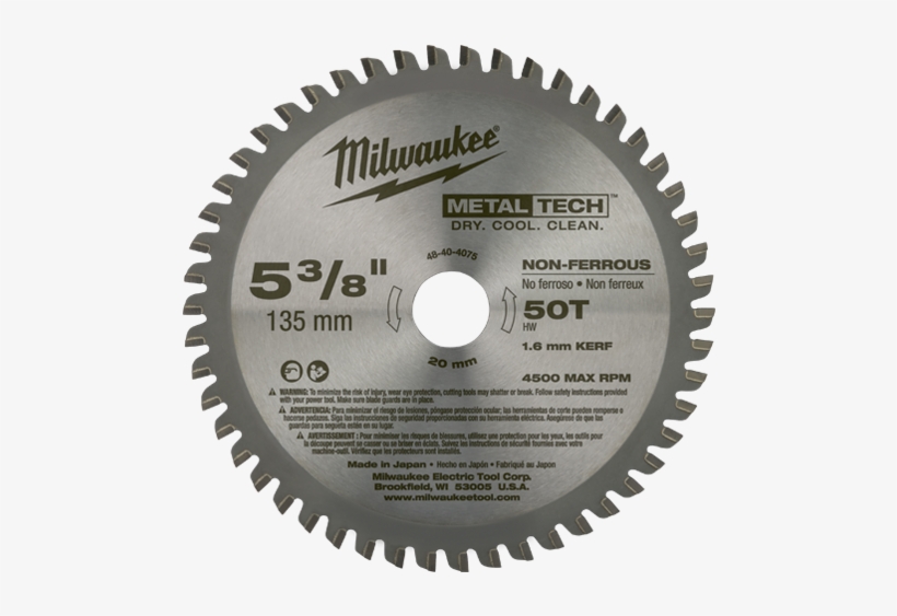 5 3/8" 50 Teeth Non Ferrous Metal Circular Saw Blade - 48 40 4075 Milwaukee, transparent png download