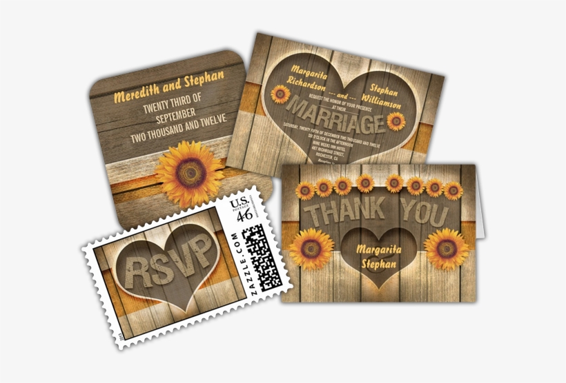 Wood And Sunflowers Heart Rustic Wedding Invitation - Country Wedding Invitations With Sunflowers, transparent png download