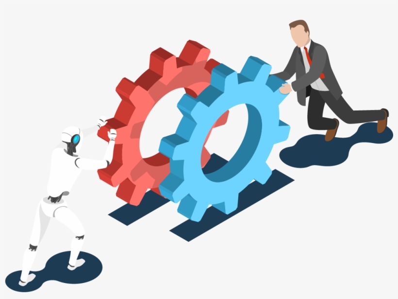 Man And Robot Pushing Gears Together - Man, transparent png download