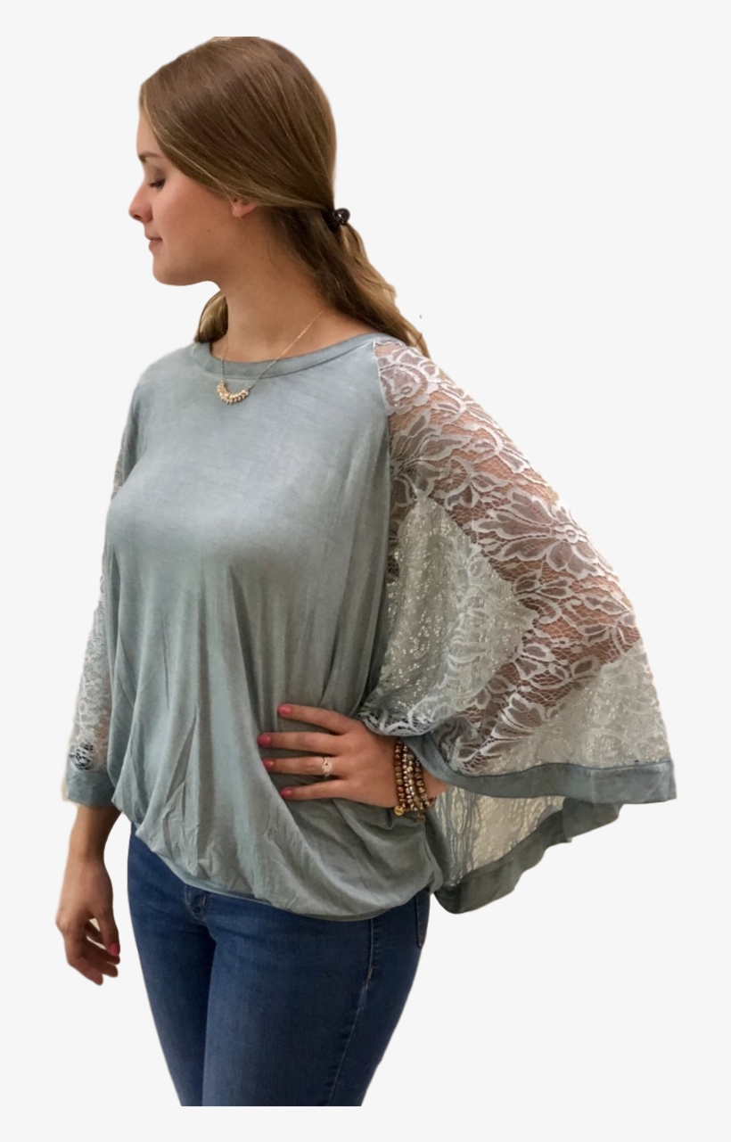 Washed Dolman With Lace Overlay - Blouse, transparent png download
