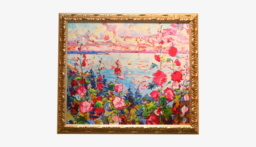 Painted Hollyhocks Canvas In Gold Frame - Canvas, transparent png download