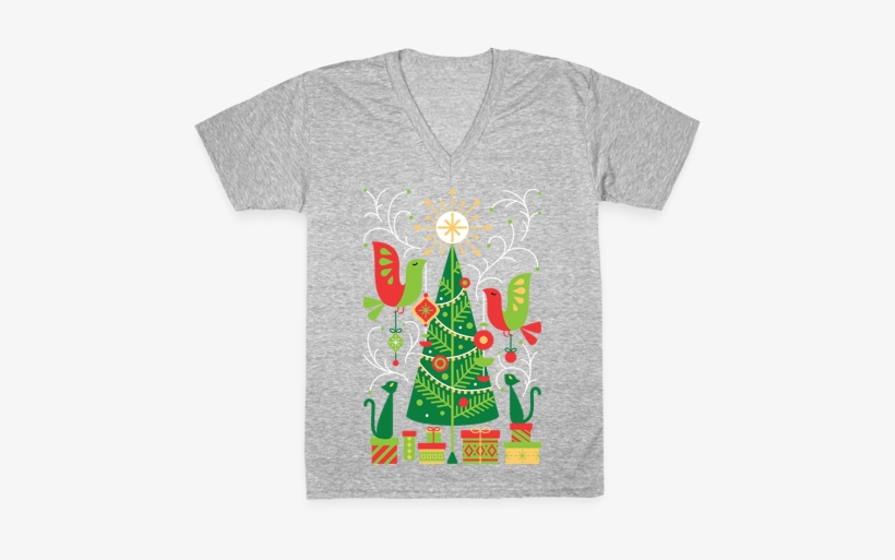 Vintage Christmas Tree Decorating V-neck Tee Shirt - T-shirt, transparent png download