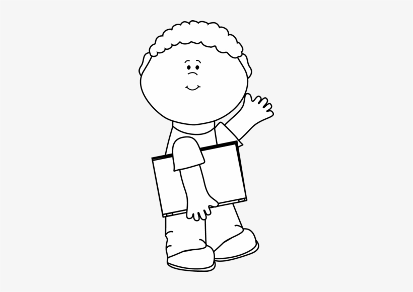 Black And White Boy Carrying Book And Waving - Black And White Boy With Book Clipart, transparent png download