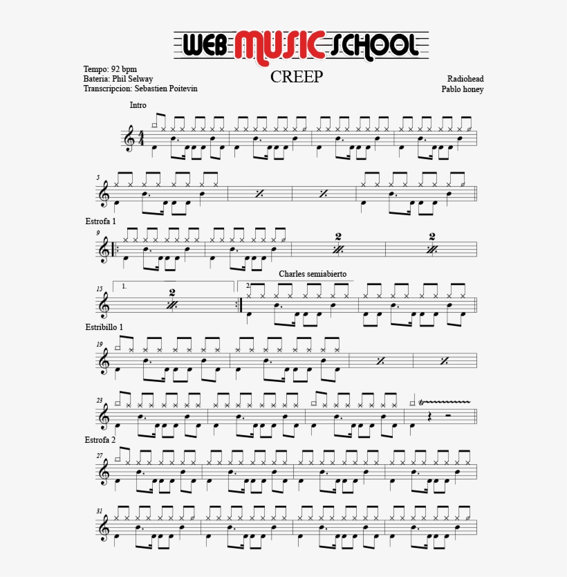 Partitura Bateria Radiohead Creep - Creep Radiohead Drum Sheet, transparent png download