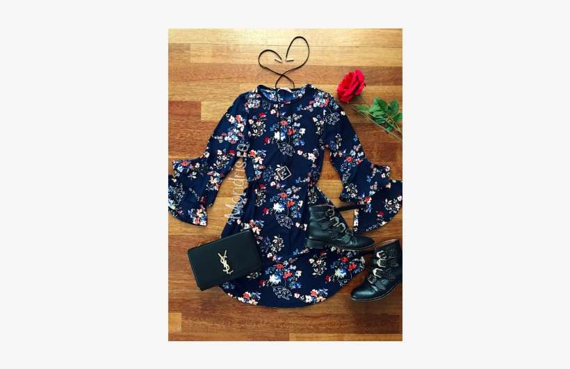 Casual Blue Day Dress With Floral Print Free Necklace - Dress, transparent png download