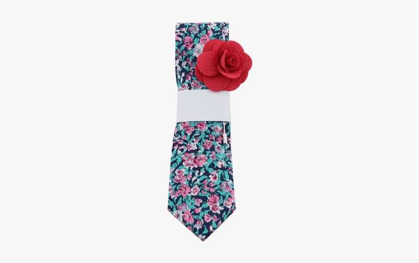 Navy Tie With Bright Floral Print & Red Lapel Pin - Necktie, transparent png download