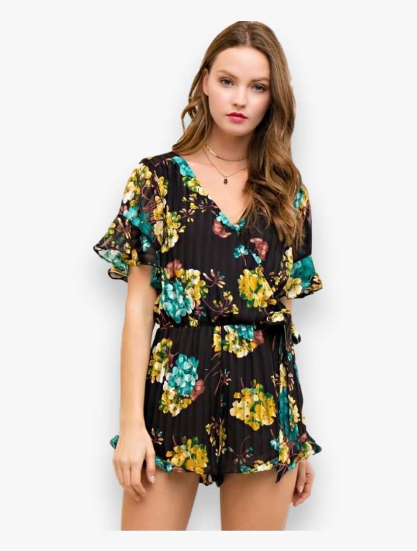Rp8 Entro Black Floral Print Short Sleeve Romper - Romper Suit, transparent png download