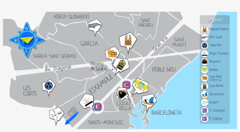 Barcelona Neighbourhood Map - Barcelona Map Of Attractions, transparent png download