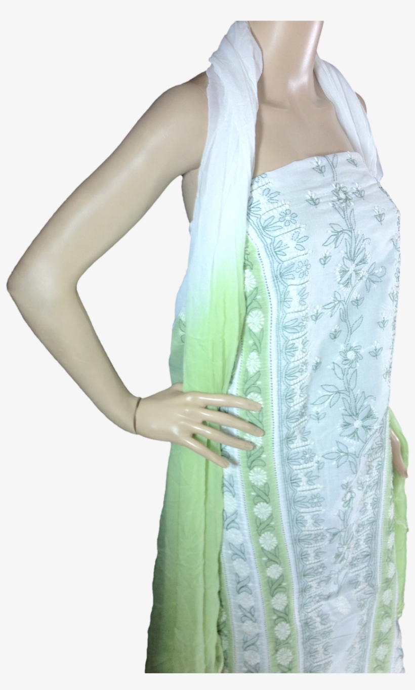 Chikan Salwar Suit Dress Material Whit And Green With - Dupatta, transparent png download