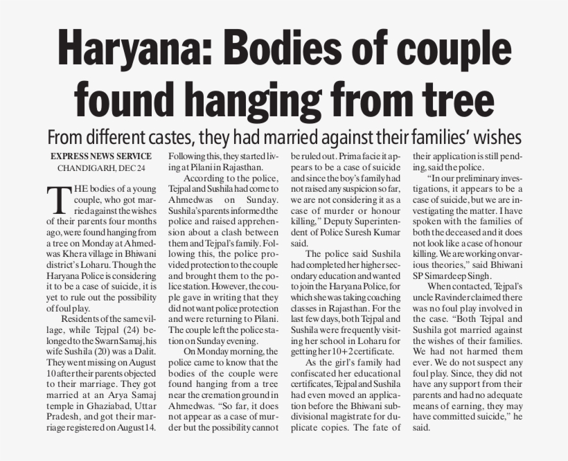Couple Who Went Against Kin To Marry Found Hanging - Latest Newspaper Clips Of Crimes Done In Caste Gender, transparent png download