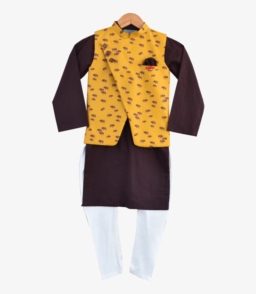 Yellow Bull Print Nehru Jacket With Brown Kurta & Churidar - Churidar, transparent png download