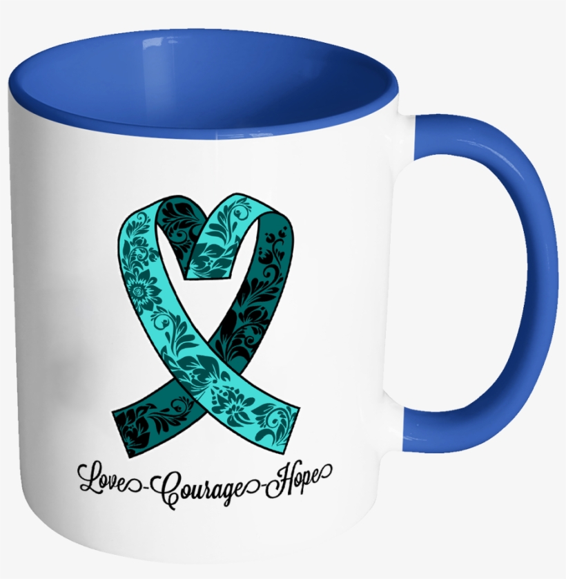 Loves Courage Hope Ovarian Cancer Awareness Teal Ribbon - Bible Emergency Numbers Mug - Christian Gifts For Women, transparent png download